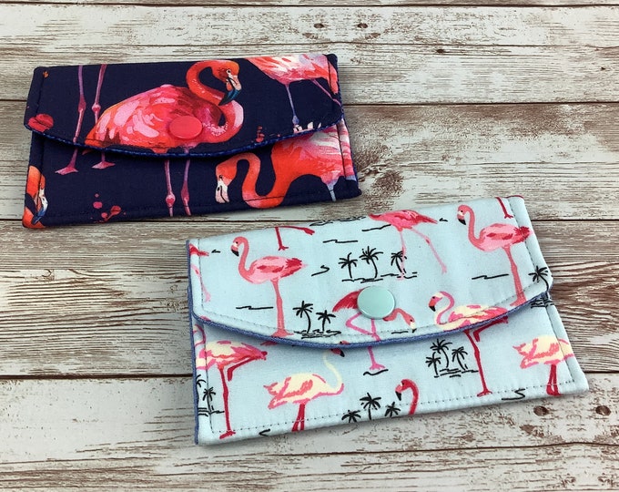 Flamingos card case, Birds fabric business card wallet, Travel pass holder, Handmade