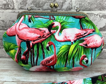Flamingos medium frame clutch bag, Birds clutch purse, Tropical frame handbag, Birds shoulder bag, Detachable strap, Handmade