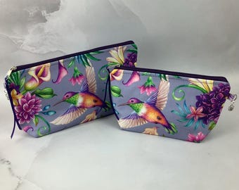 Hummingbirds makeup bag, Tropical zip bag, 2 size options, Handmade