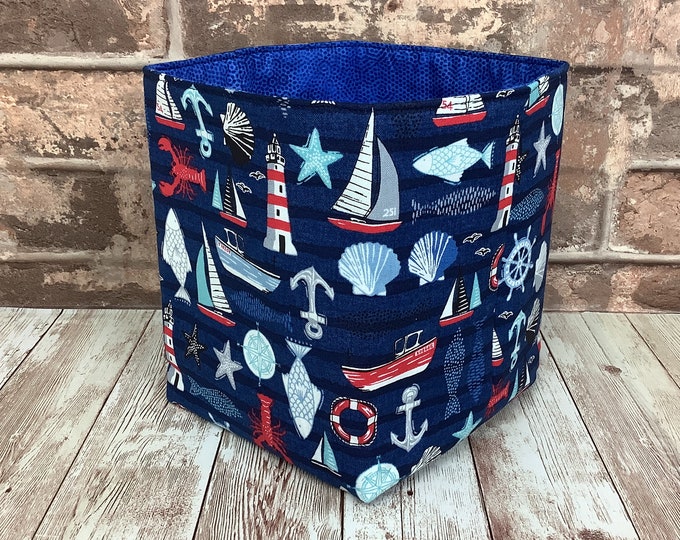 Sailors fabric basket, Seaside storage bin, Nautical fabric box, Home storage, Handmade