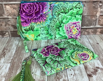 Floral zip clutch bag, Cabbages wristlet zip purse, With detachable wrist strap, Silky tassel and charm, 2 size options, Handmade