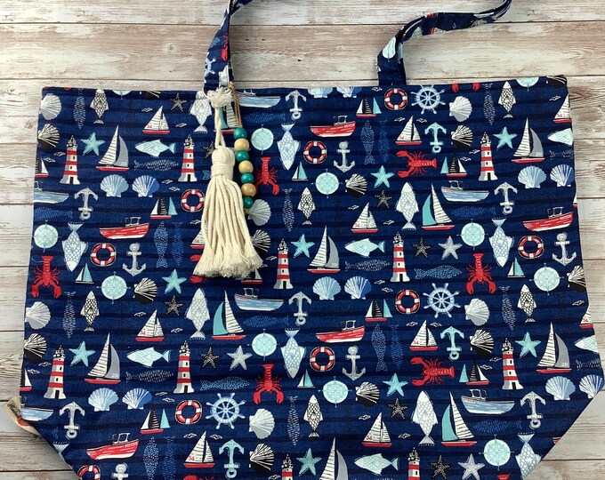 Seaside large beach bag , Sailing tote bag, Fabric shopper, Handmade