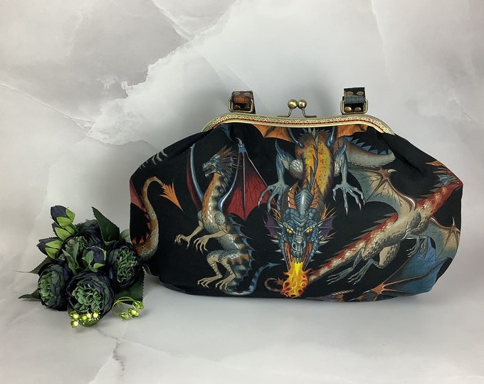 Dragons large handbag, Kiss lock frame bag, Handmade