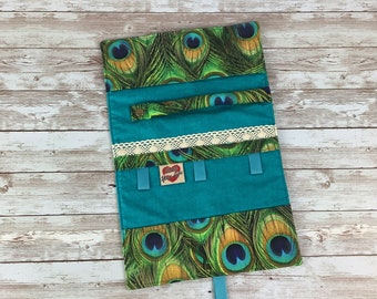 Peacock feathers jewellery roll, Birds jewelry wrap, Turquoise fabric pouch, Travel organiser, Handmade