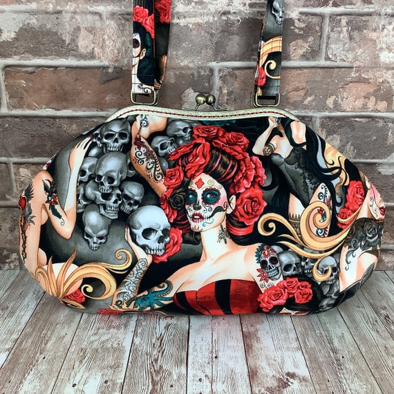 Tattoo Skull Girl Gothic Shoulder Handbag, Goth Gothic Skull Red Rose Purse, Christmas Gifts, Gothic Gifts for Women, Goth Sugar Skull Bag