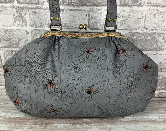 Spiders web large frame handbag, Gothic shoulder bag, Frame bag, Tangled Web, Alexander Henry, Handmade