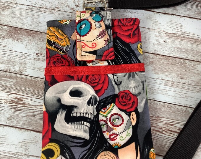 Day of the dead lanyard phone pouch, Gothic passport travel case, Painted ladies glasses case, Detachable lanyard, Alexander Henry, Handmade