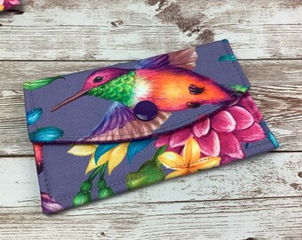 Hummingbirds card case, Floral fabric business card wallet, Tropical travel pass holder, Handmade