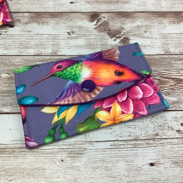 Hummingbirds card case, Floral fabric business card wallet, Tropical travel pass holder, Handmade