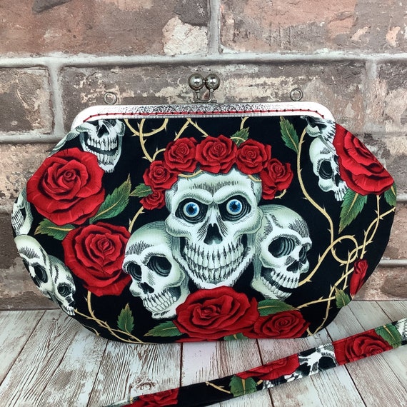 Skulls Roses Medium Frame Clutch Bag Gothic Clutch Purse Skulls