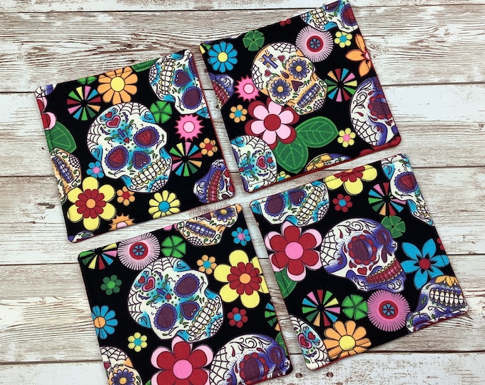 Candy skulls day of the dead fabric coasters, Set of 4, Gothic, Handmade