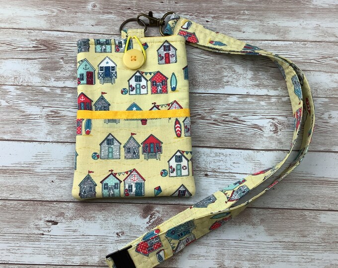 Beach huts lanyard bag, Detachable lanyard, Handmade