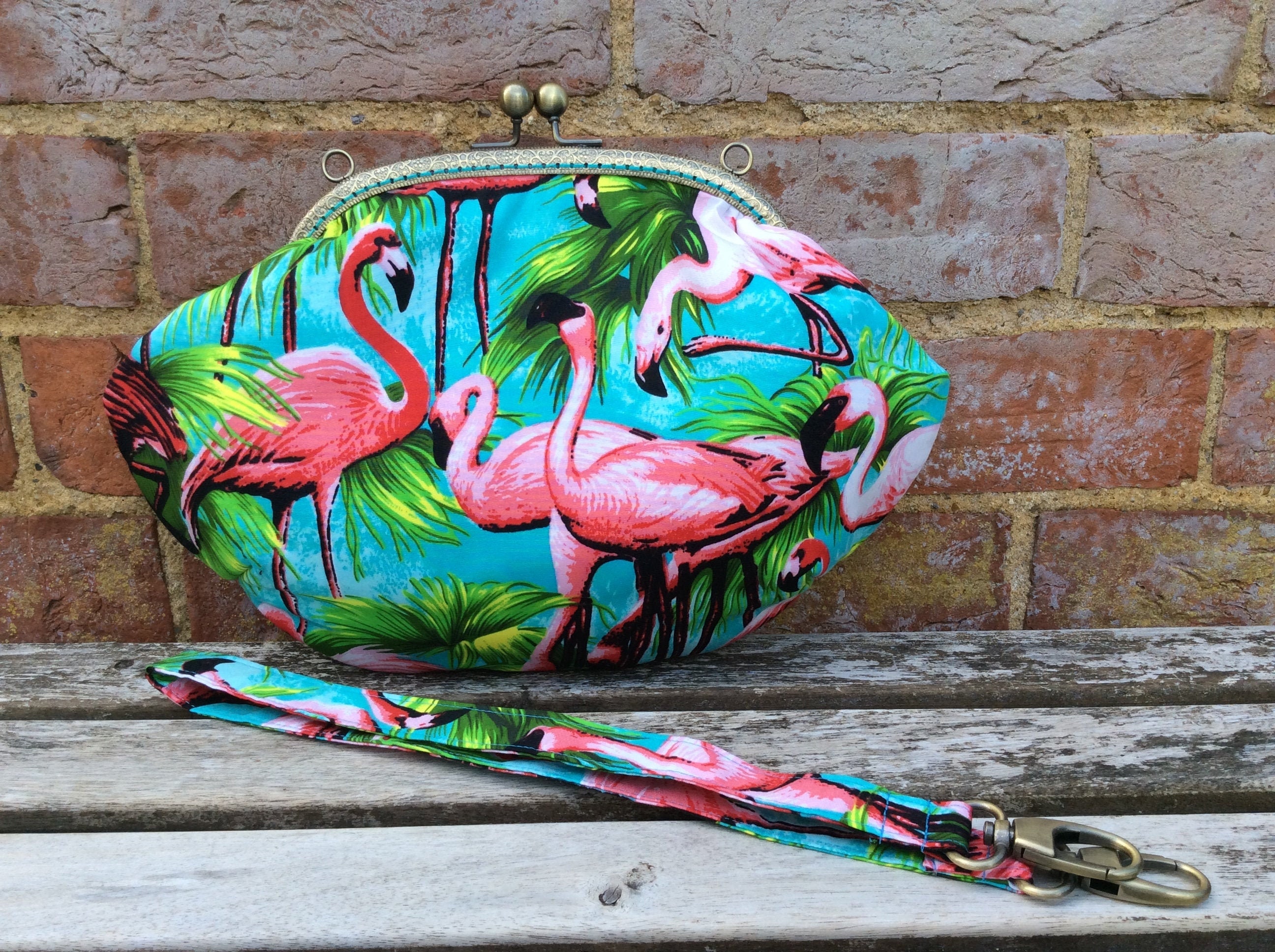 Flamingos clutch purse shoulder bag handbag fabric handmade kiss lock
