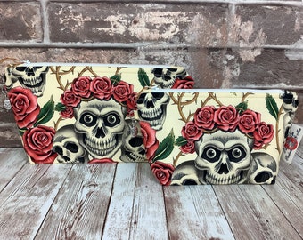 Gothic Skulls and roses zip case, Flat bottomed, 2 size options, Handmade