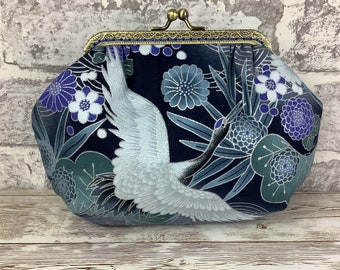 Oriental cranes small frame clutch bag, Birds handbag, Makeup purse, Optional chain, Handmade