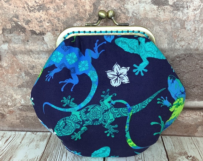 Gecko frame coin purse, Lizard fabric purse, Change kiss lock wallet, Optional chain, Handmade