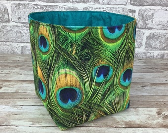 Peacock feathers fabric basket, Birds storage bin, Peacock fabric box, Home storage, Handmade