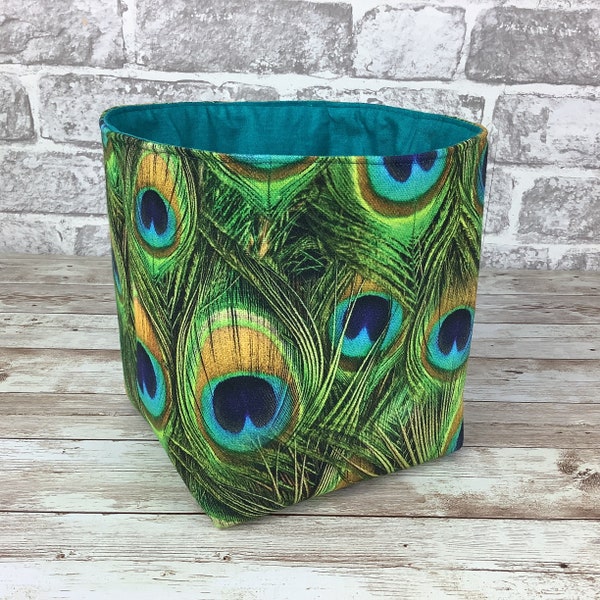 Peacock feathers fabric basket, Birds storage bin, Peacock fabric box, Home storage, Handmade