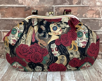 Day of the dead large frame handbag, Gothic skulls purse, Nocturna Fabric, Alexander Henry, Handmade