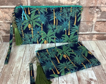 Banana palm trees zip clutch bag, Wristlet zip purse, Detachable wrist strap, Silky tassel and charm, 2 size options, Handmade