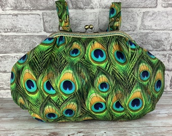 Peacock feathers large frame handbag, Peacock purse, Shoulder bag, Frame bag, Handmade