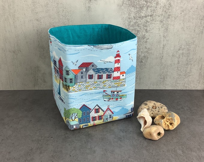 Seafront fabric basket, Seaside storage bin, Home storage, Handmade