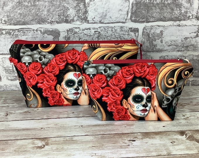 Gothic zip case, Day of the dead zipper pouch, Las Elegantes flat bottomed fabric pouch, 2 size options, Alexander Henry, Handmade