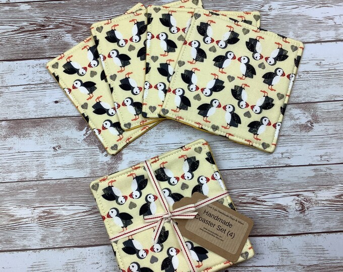 Puffins fabric coasters, Set of 4, Handmade