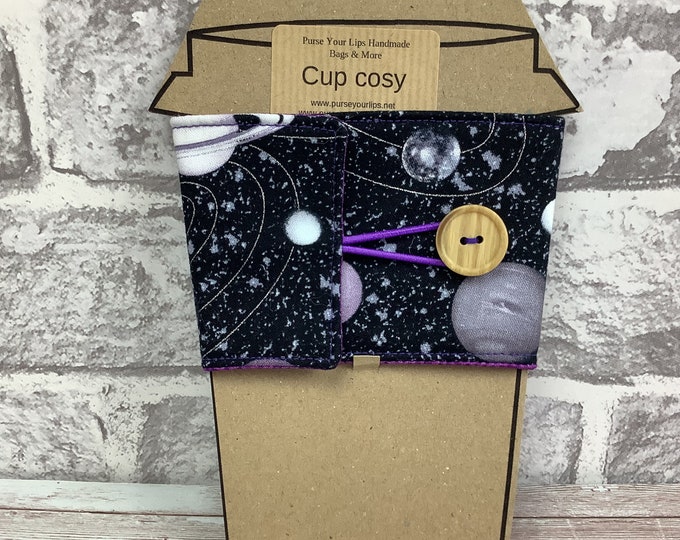 Space fabric cup cozy, Planets cup cosy, Reusable drinks sleeve, Handmade