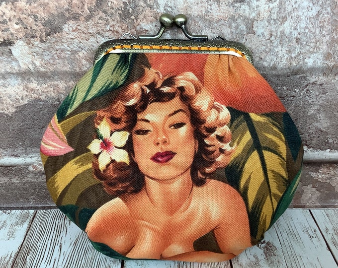 Burlesque frame coin purse, Glamour girls fabric coin purse, Mirage Pinup change kiss lock wallet, Alexander Henry, Optional chain, Handmade