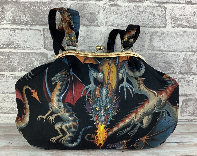 Dragons large frame handbag, Dragon purse, Gothic shoulder bag, Frame bag, Tail of the Dragon, Alexander Henry, Handmade