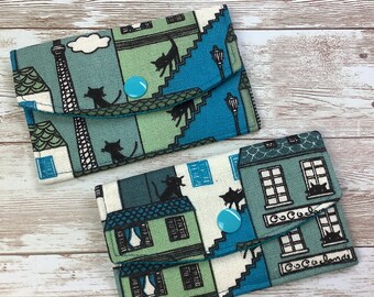 Cats card case, Town cats fabric business card wallet, Travel pass holder, Handmade