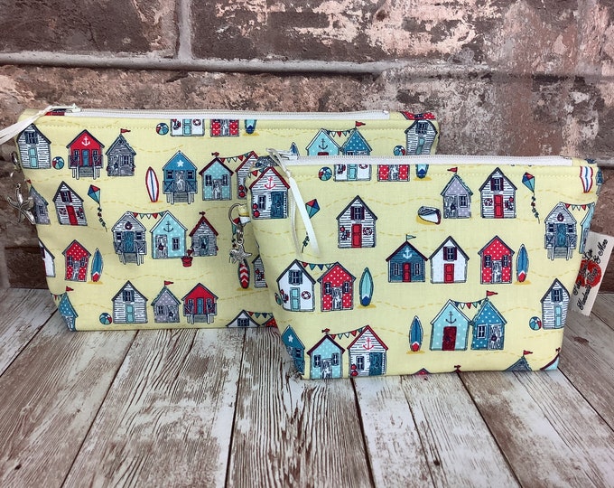 Beach huts zip case, Seaside zipper pouch, Flat bottomed fabric pouch, 2 size options, Handmade