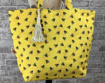 Yellow bees large beach bag , Bees tote bag, Fabric shopper, Handmade