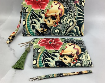 Handmade gothic skull clutch bag, detachable wrist strap, 2 options
