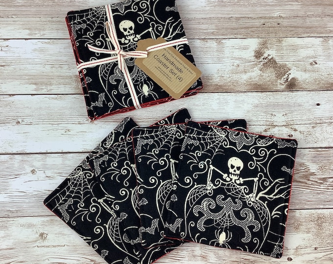 Gothic fabric coasters, Set of 4, Gothic skeletons, Handmade