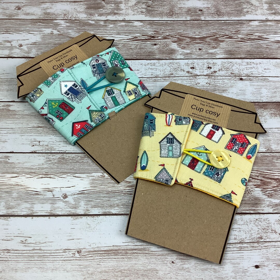 Beach Huts Cup Cosy, Seaside Drinks Sleeve, Choice of Colour, Handmade ...