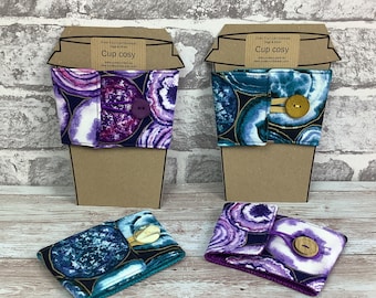 Geodes fabric cup cozy, Crystals cup cosy, Reusable drinks sleeve, Choice of colour, Handmade