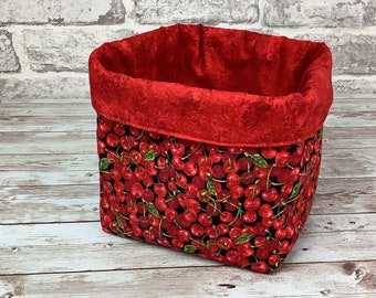Cherry fabric basket, Cherries storage bin, Home storage, Handmade