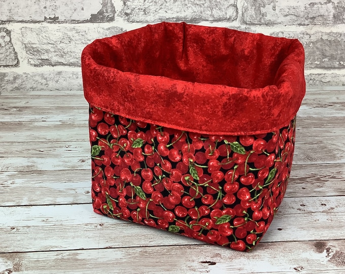 Cherry fabric basket, Cherries storage bin, Home storage, Handmade