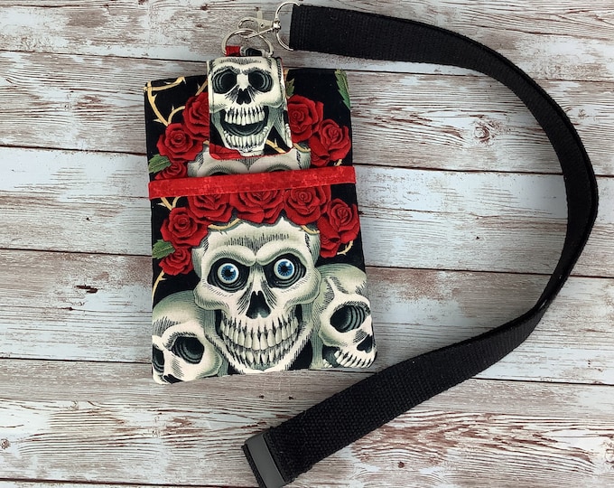 Skulls and roses lanyard bag, Detachable lanyard, Alexander Henry, Rose Tattoo, Handmade