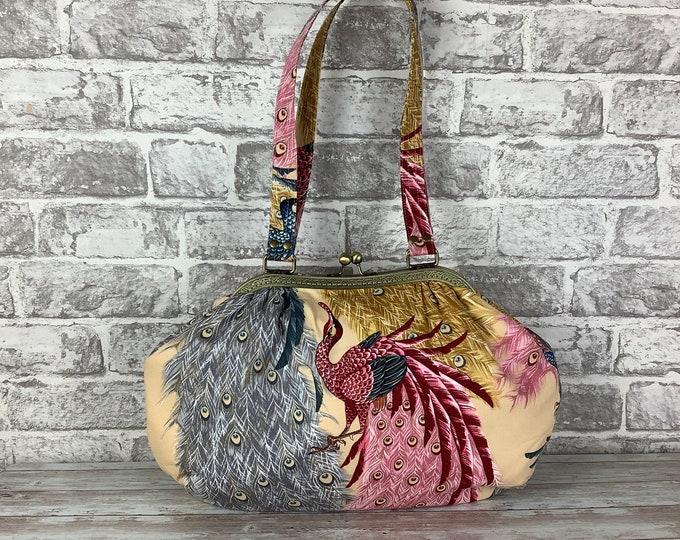 Kujaku peacock large frame handbag, Oriental peacock purse, Shoulder bag, Frame bag, Handmade