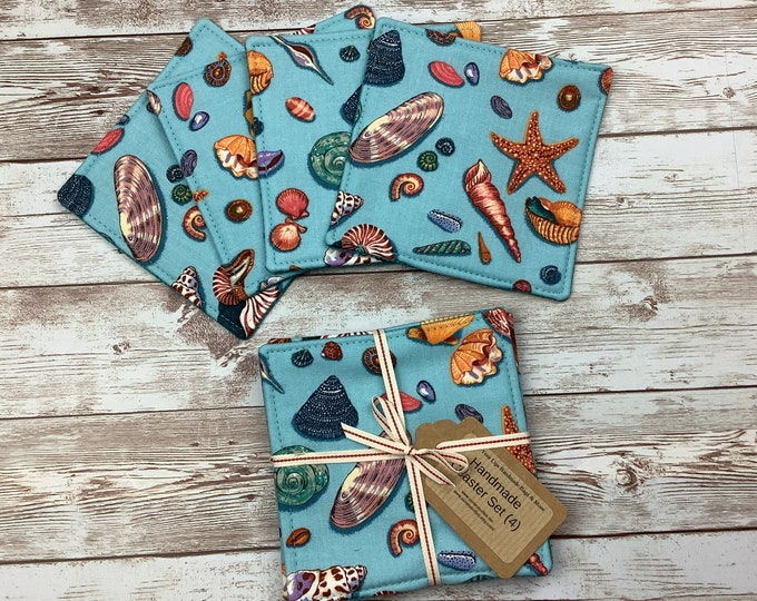 Sea shells fabric coasters, Set of 4, Handmade