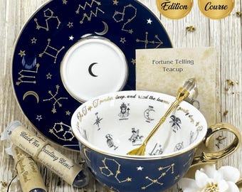 Navy Blue Tarot Tea Cup and Saucer for Tea Leaf Reading | Free Course