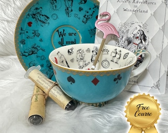 Alice in Wonderland. Learn tea leaf reading. Porcelain tea cup saucer. Fortune telling. FREE course. Spiritual guidance.