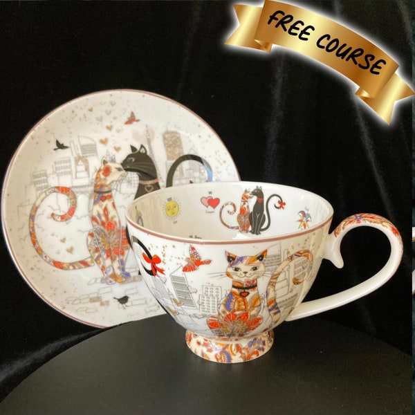 Cat Tarot tea cup and saucer set. Learn to read teacups with our DIY kits. Be your own boss and earn extra income with our FREE course.