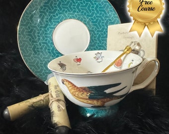 Aqua Bird Tea cup and saucer set gift fortune telling teacup tarot tea party divination gift for female birthday mom witch Bridal party