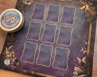 MysTEAcal 9 Box layout mat for Oracle Cards, Tarot, Lenormand. Divination mat | Fortune telling | Tin included.