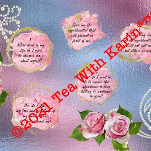 May include: A pink and blue watercolour background with gold accents features five hexagonal and circular shapes with text. The text asks questions about self-discovery, opportunities, abundance, and sharing love. The background is decorated with pearl strings and pink roses.