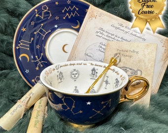 Limited Edition Navy Blue Tarot Tea cup and saucer set. Astrology teacup 22 major arcana. Real 24kt gold. Tea reading kit with FREE course.